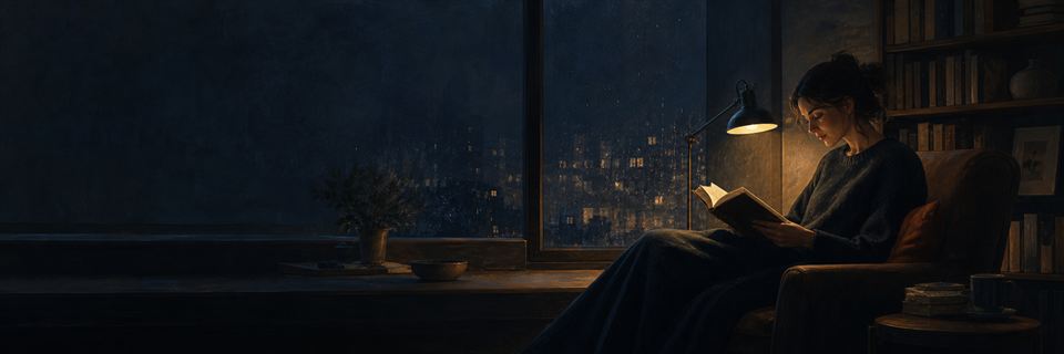 A reader enjoying a book beside a rain-lit window