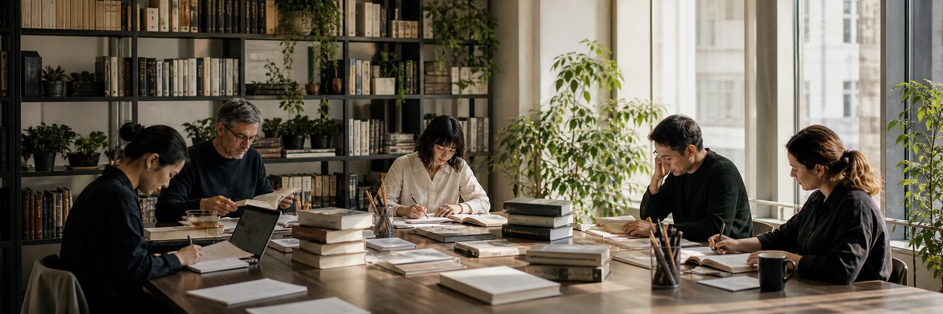 An international editorial team working together around a table of books and manuscripts